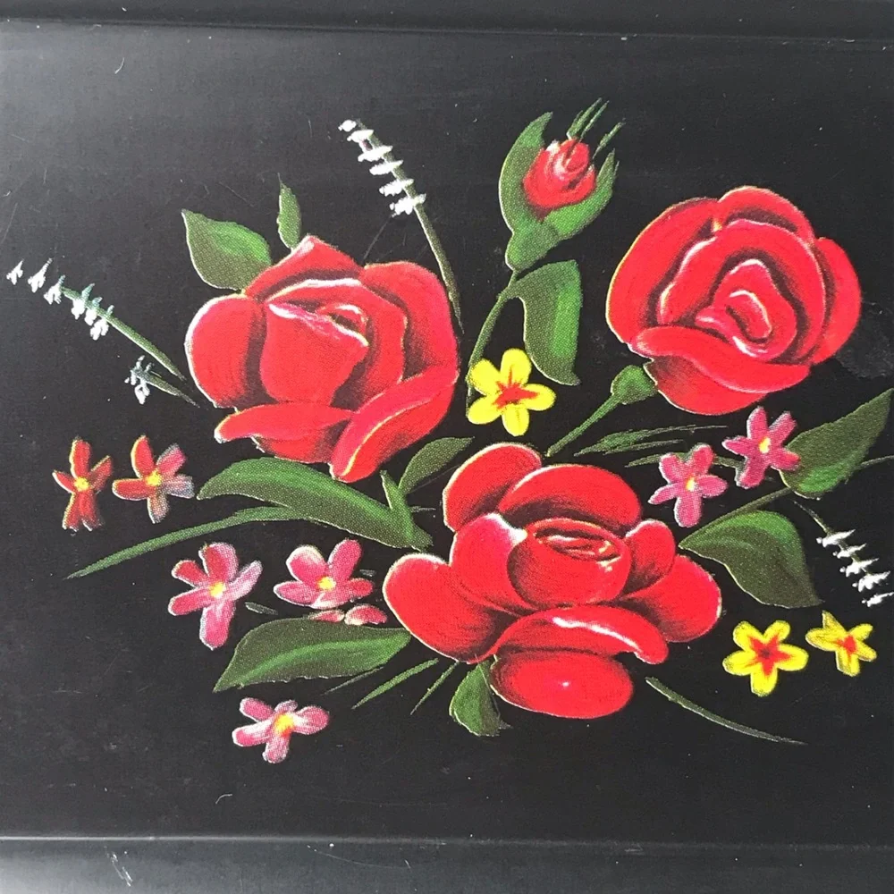 VINTAGE TOLE TRAY METAL HAND PAINTED BLACK FLORAL TRINKET DISH